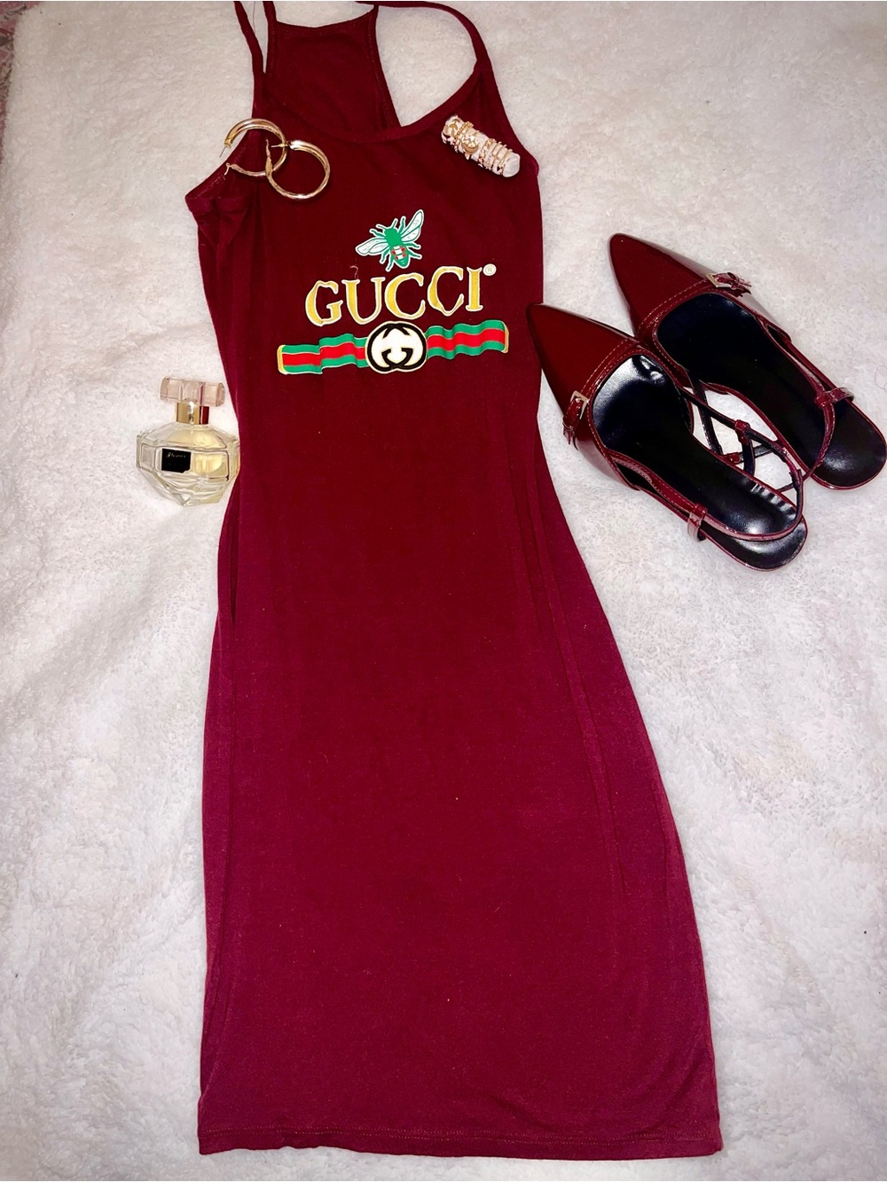 Burgundy Logo Midi Dress with Green & Gold Accents